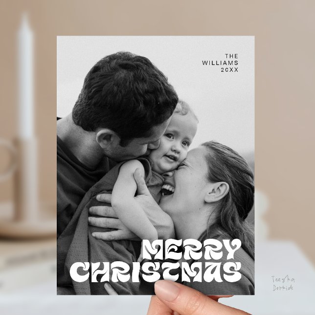 Snyggt Elegant, God jul Family Photo Chic Vykort (Stylish Elegant, Merry Christmas Family Photo Chic Postcard in Romantic Black White Grey)
