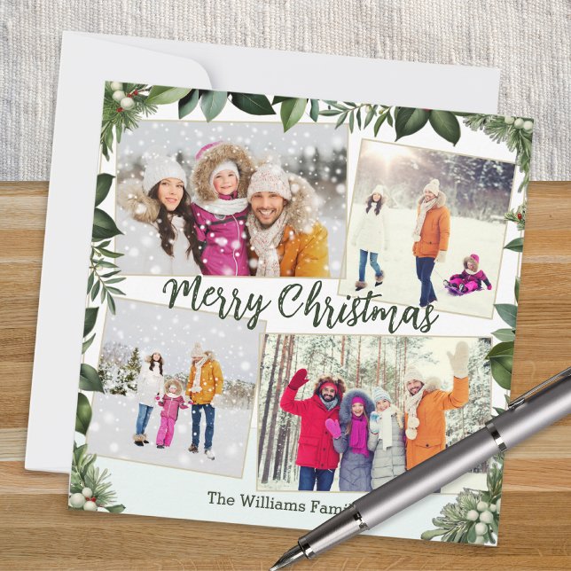 Snyggt Elegant Greenery 4 Photo Collage jul Julkort (A modern Christmas card with greenery border, to personalize with four photos and name(s))