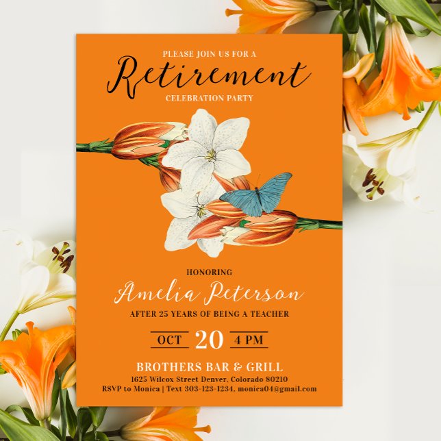Snyggt Elegant Orange Retire Retro Lily Blommigt Inbjudningar (Skapare uppladdad)