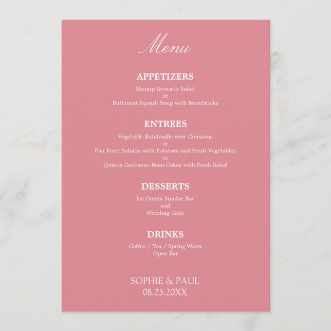 Snyggt Elegant  Rosa Bröllop Menu Meny (Framsida)