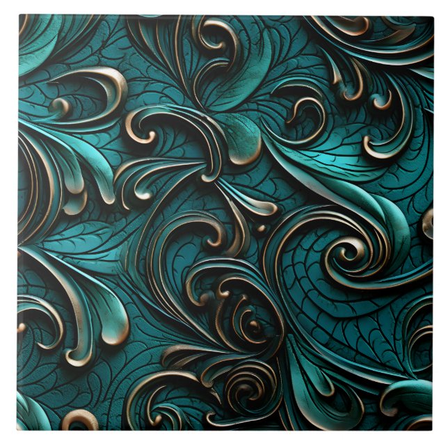 Snyggt Elegant Teal Faux Embossed Leather Kakelplatta (Framsidan)