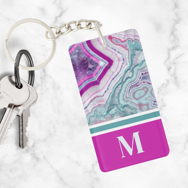 Snyggt Elegant Trendig Agate Initial Monogram (Stylish Teal Magenta Pink Agate Stone Monogram Keychain)