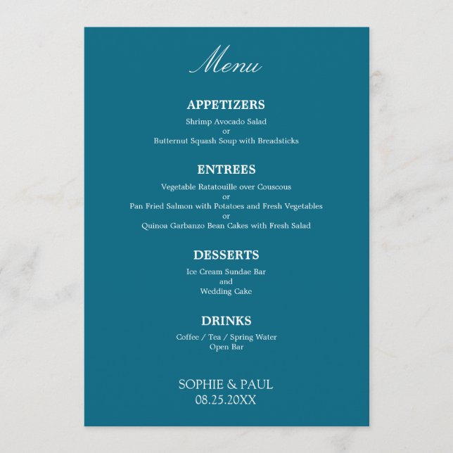 Snyggt Elegant Turcos Blue Bröllop Menu Meny (Framsida)