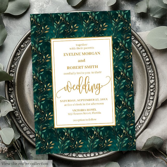Snyggt Emerald Guld Eucalyptus bröllopsinbjudan Inbjudningar (Stylish Emerald Gold Eucalyptus Wedding Invitation)