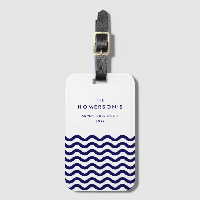 Snyggt Family Vacation Navy Blue Tropical Vågar Bagagebricka (Framsida vertikal)