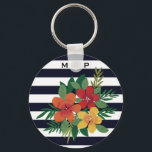 Snyggt Färgfull Blommigt på Svartvit Rand Nyckelring<br><div class="desc">Den moderna nyckelkedjan rand och blommigt med monogram som tillval.</div>