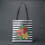 Snyggt Färgfull Blommigt på Svartvit Rand Tygkasse<br><div class="desc">Modern rand och blommigt med monogram som tillval.</div>