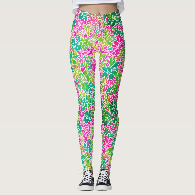 Snyggt Färgfull Rosa Blommigt botaniskt vattenfärg Leggings (Framsida)