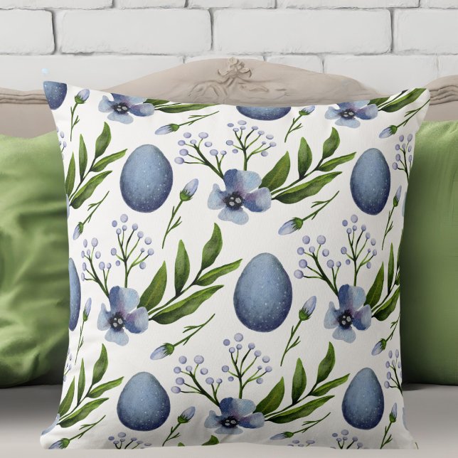Snyggt Farmhouse Blue, Grönt and White Blommigt Kudde (Stylish Farmhouse Blue, Green and White Floral Throw Pillow)