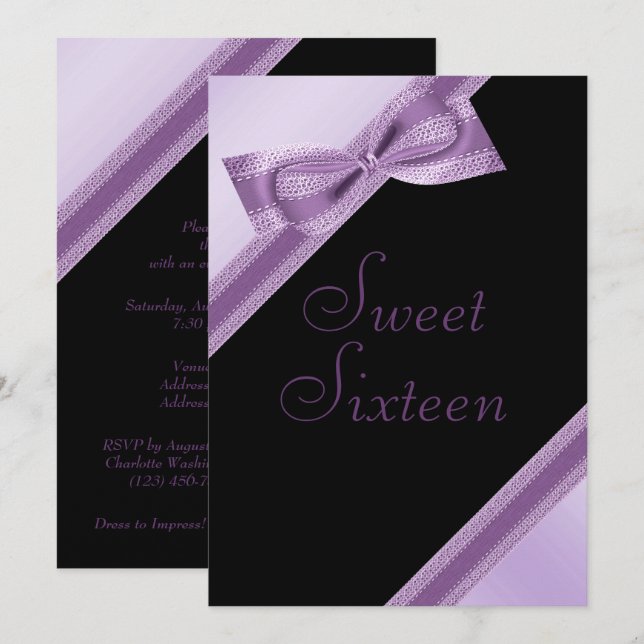 Snyggt Faux Bow & Ribbon Sweet 16 Birthday Inbjudningar (Fram/baksida)