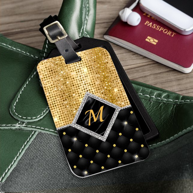 Snyggt faux Crystal Guld svartdiamant monogram Bagagebricka (Skapare uppladdad)