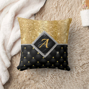 Snyggt faux Crystal Guld svartdiamant monogram Kudde