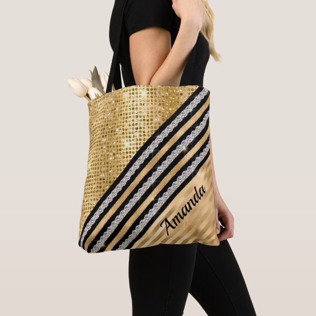 Snyggt faux Crystal och Guld glitter Personlig Tygkasse (Närbild)