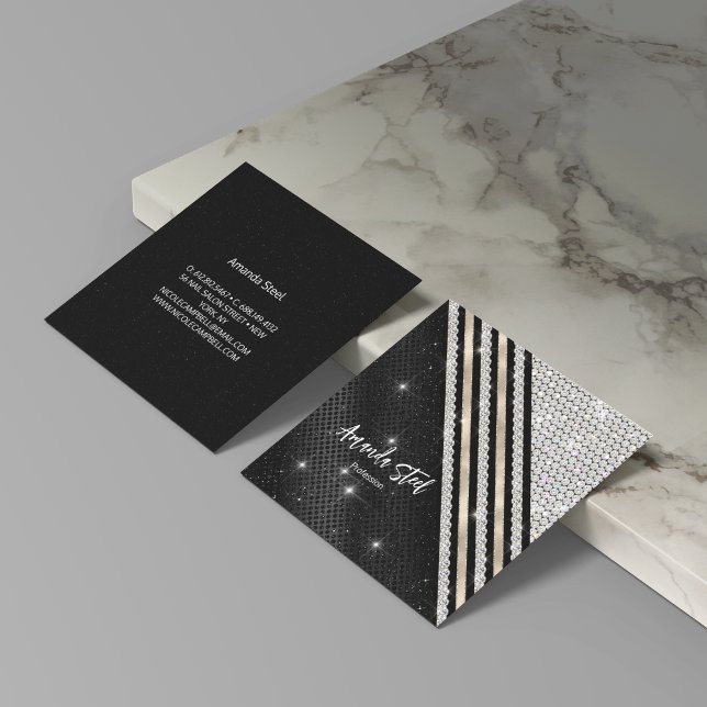 Snyggt faux Crystal silver och svart Personlig Fyrkantigt Visitkort (Skapare uppladdad)