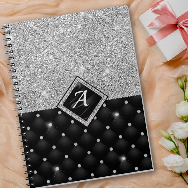 Snyggt faux Crystal Silver svartdiamant monogram Anteckningsbok (Skapare uppladdad)