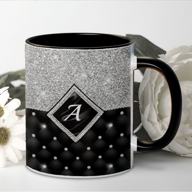 Snyggt faux Crystal Silver svartdiamant monogram Kaffemugg (Skapare uppladdad)