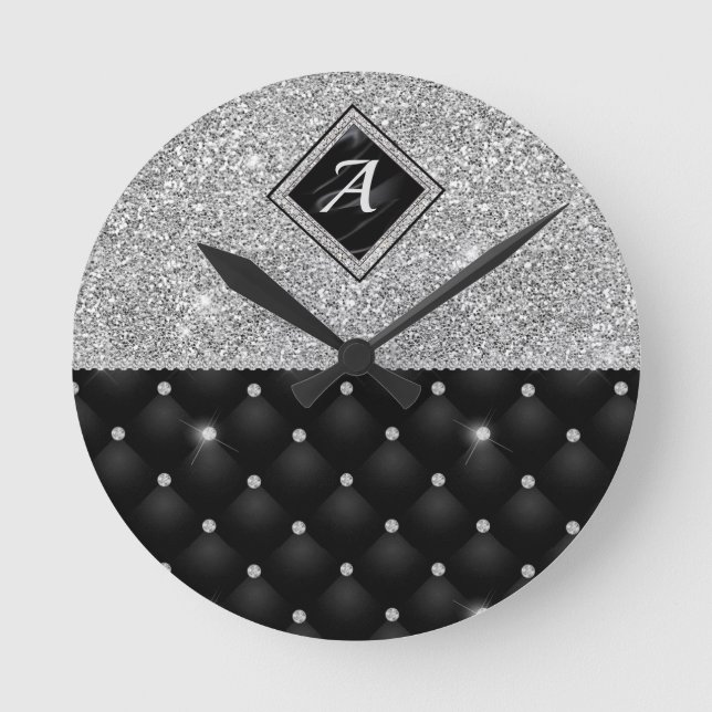 Snyggt faux Crystal Silver svartdiamant monogram Rund Klocka (Framsida)