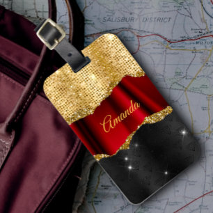 Snyggt faux Glitter Red Guld svart monogram Bagagebricka