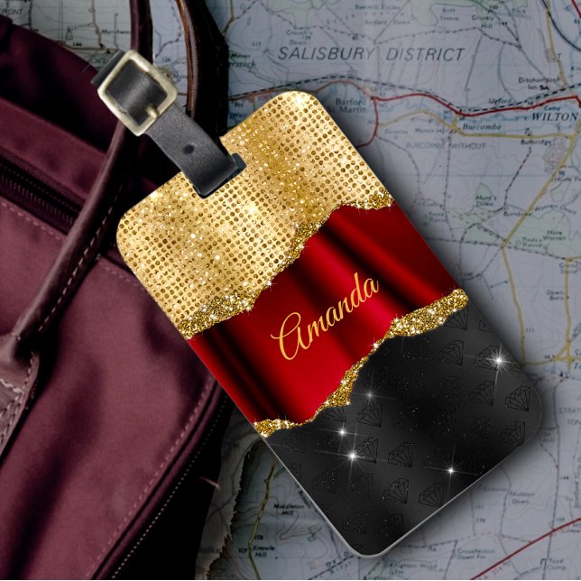 Snyggt faux Glitter Red Guld svart monogram Bagagebricka (Skapare uppladdad)