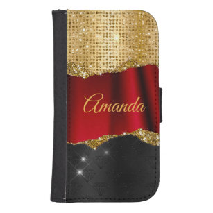 Snyggt faux Glitter Red Guld svart monogram Galaxy S4 Plånbok