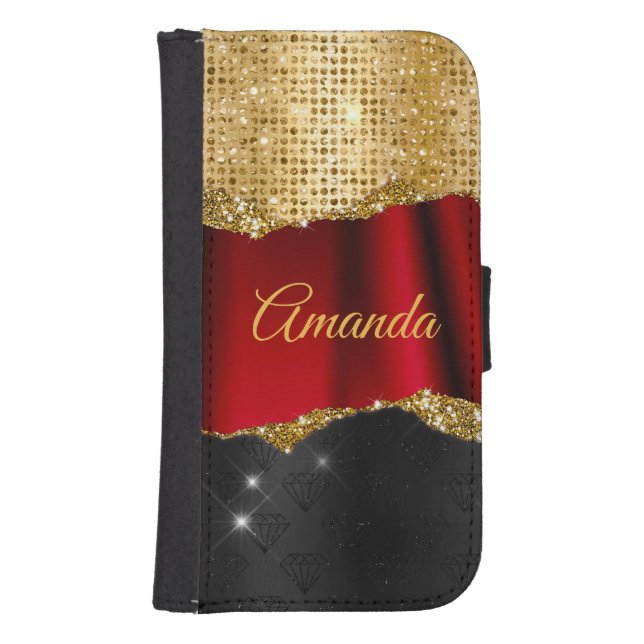 Snyggt faux Glitter Red Guld svart monogram Galaxy S4 Plånbok (Framsidan)