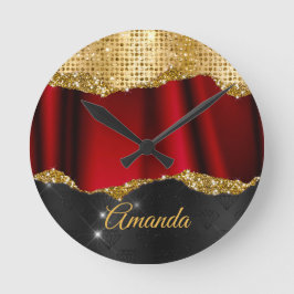 Snyggt faux Glitter Red Guld svart monogram Rund Klocka