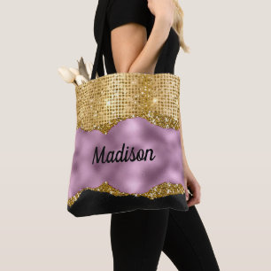 Snyggt faux Glitter Violet Guld svart monogram Tygkasse