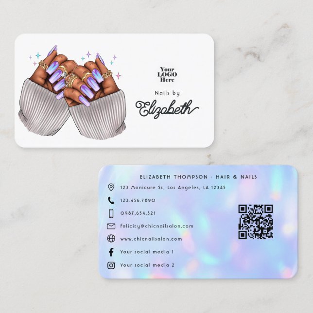 Snyggt Faux Holografiska Nail Salon Branding Visitkort (Fram/baksida)