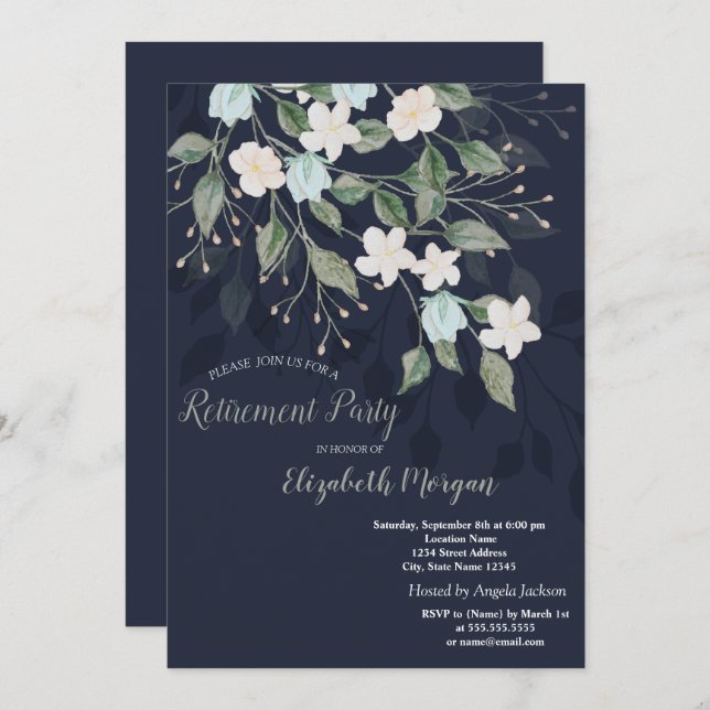 Snyggt Flowers Navy Blue Pension Inbjudningar (Fram/baksida)