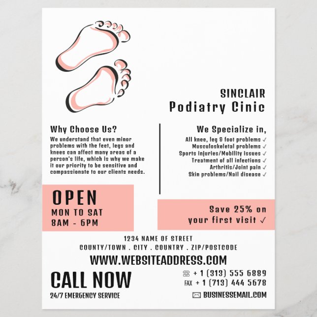 Snyggt Footprint, Podiatry Clinic, Podiatrist Reklamblad (Framsidan)