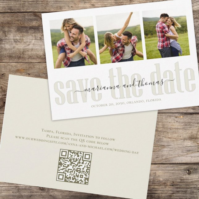 Snyggt för Guld Calligraphy Script Photo QR-kod Spara Datumet (Simple wedding save the date photo card with three photo template and QR Code )