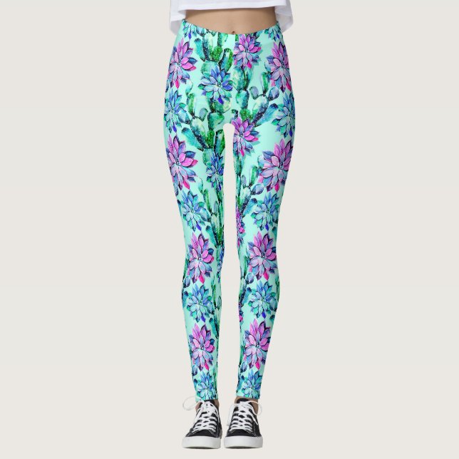 Snyggt för konstnärlig Chic Modern Cactus Mönster Leggings (Framsida)