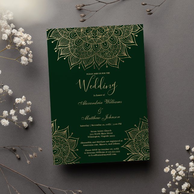 Snyggt Forest grönt guld blommigt mandala Bröllop Inbjudningar (Stylish forest green gold floral mandala Wedding)