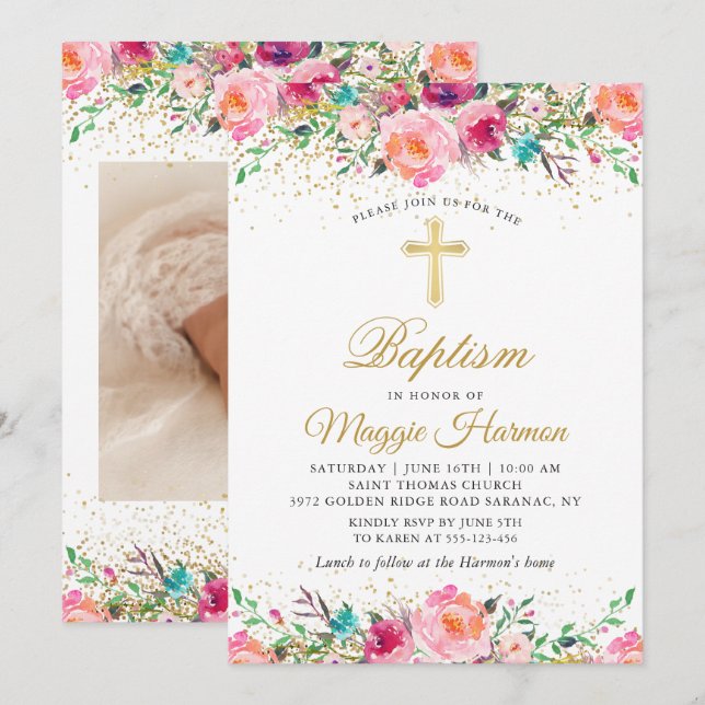 Snyggt foto av Rosa Guld Blommigt Girl Girl Baptis Inbjudningar (Fram/baksida)
