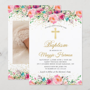 Snyggt foto av Rosa Guld Blommigt Girl Girl Baptis Inbjudningar