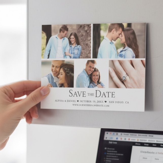 Snyggt fotogaller Bröllop Spara datum magnetiskt Magnetisk Inbjudningskort (Modern photo collage save the date magnetic wedding card.)