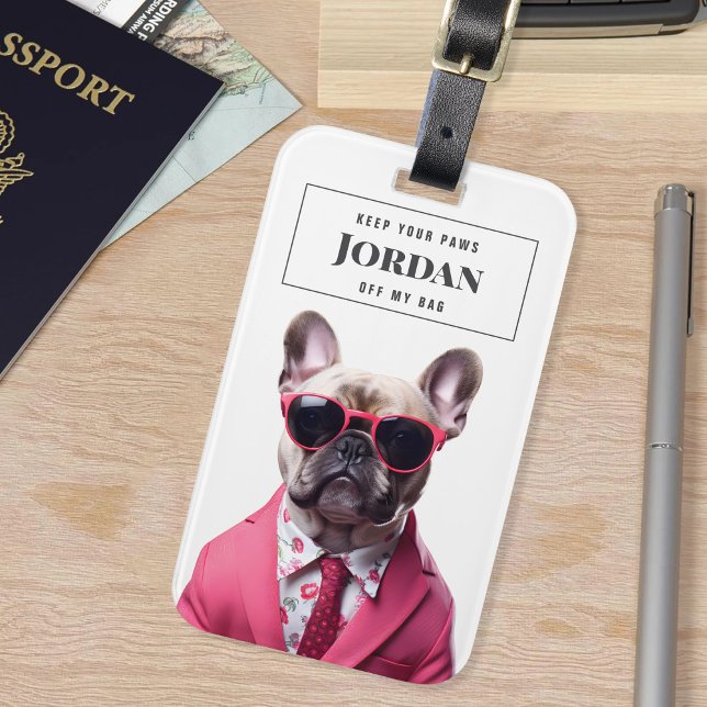 Snyggt Fransk Bulldog Rosa Kostym Glass Hund Tassa Bagagebricka (Skapare uppladdad)