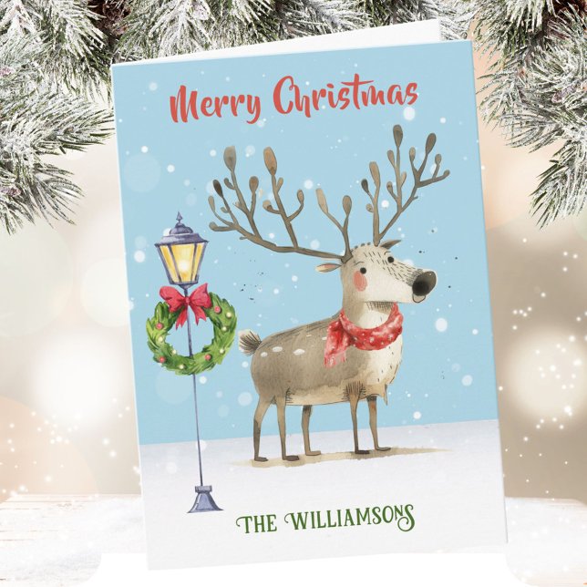 Snyggt Funky Quirky Watercolor Reindeer Träd Kort (Skapare uppladdad)