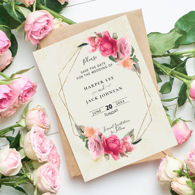 Snyggt Geometric  Rosa Blommigt Ro Spara Datumet (Stylish Geometric Blush Pink Floral Rose Save The Date)