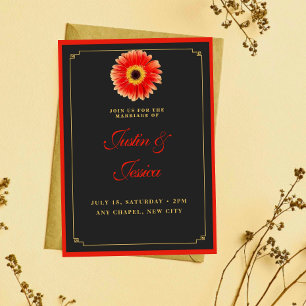 Snyggt Gerbera Daisy Red and Guld Accents Bröllop Inbjudningar