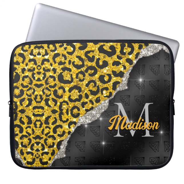 Snyggt gigfaux glitter leopard print Monogram Laptop Fodral (Framsidan)