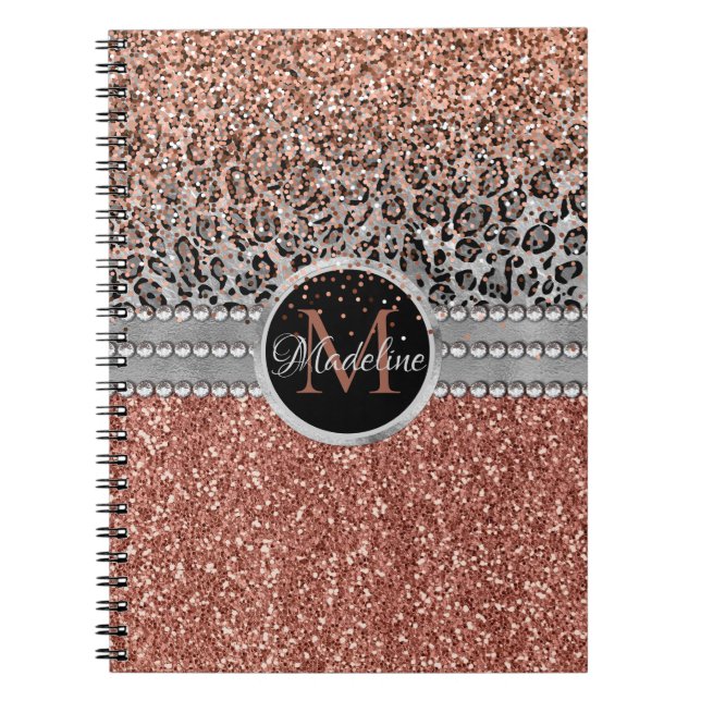 Snyggt Girly Ro Guld Glitter Leopard Monogram Anteckningsbok (Framsidan)