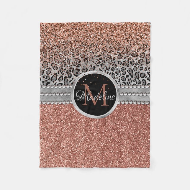 Snyggt Girly Ro Guld Glitter Leopard Monogram Fleecefilt (Framsidan)