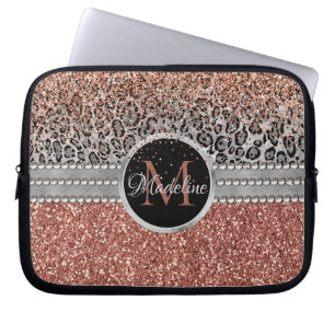 Snyggt Girly Ro Guld Glitter Leopard Monogram Laptop Fodral