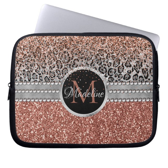 Snyggt Girly Ro Guld Glitter Leopard Monogram Laptop Fodral (Framsidan)