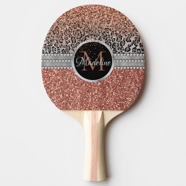 Snyggt Girly Ro Guld Glitter Leopard Monogram Pingisracket (Framsidan)
