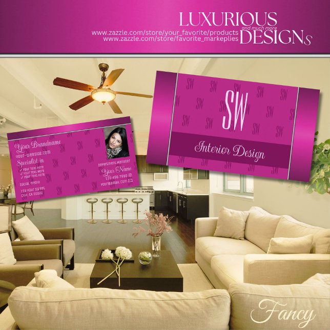 Snyggt Girly Rosa Modern med Monogram och Photo Visitkort (Skapare uppladdad)