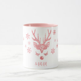 Snyggt Girly Rosa Snöflingor Reindeer jul Mugg
