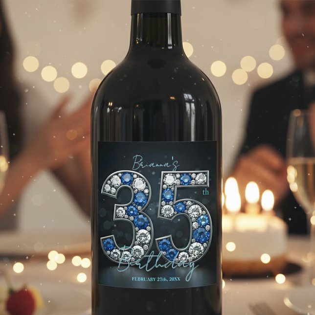 Snyggt Glam Sapphire Diamond 35e Birthday Vinflaska Etikett (Skapare uppladdad)