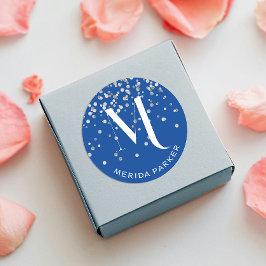 Snyggt Glam Silver Glitter Blue Namn Monogram Runt Klistermärke